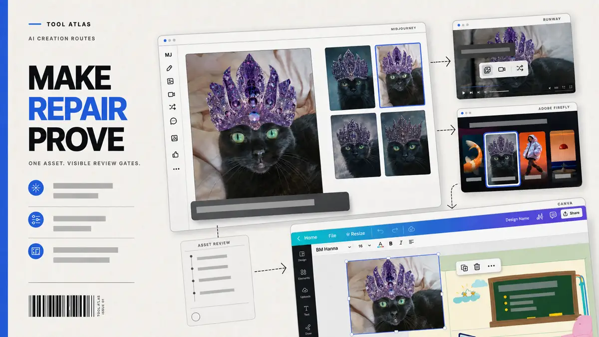 A software-magazine cover follows one asset through Midjourney, Runway, Adobe Firefly, and Canva from making to release.