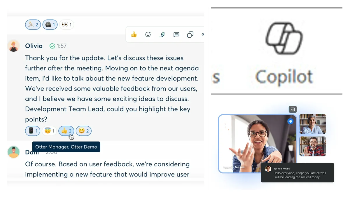 Official Otter transcript, Microsoft Teams meeting controls, and Google Meet product surfaces.
