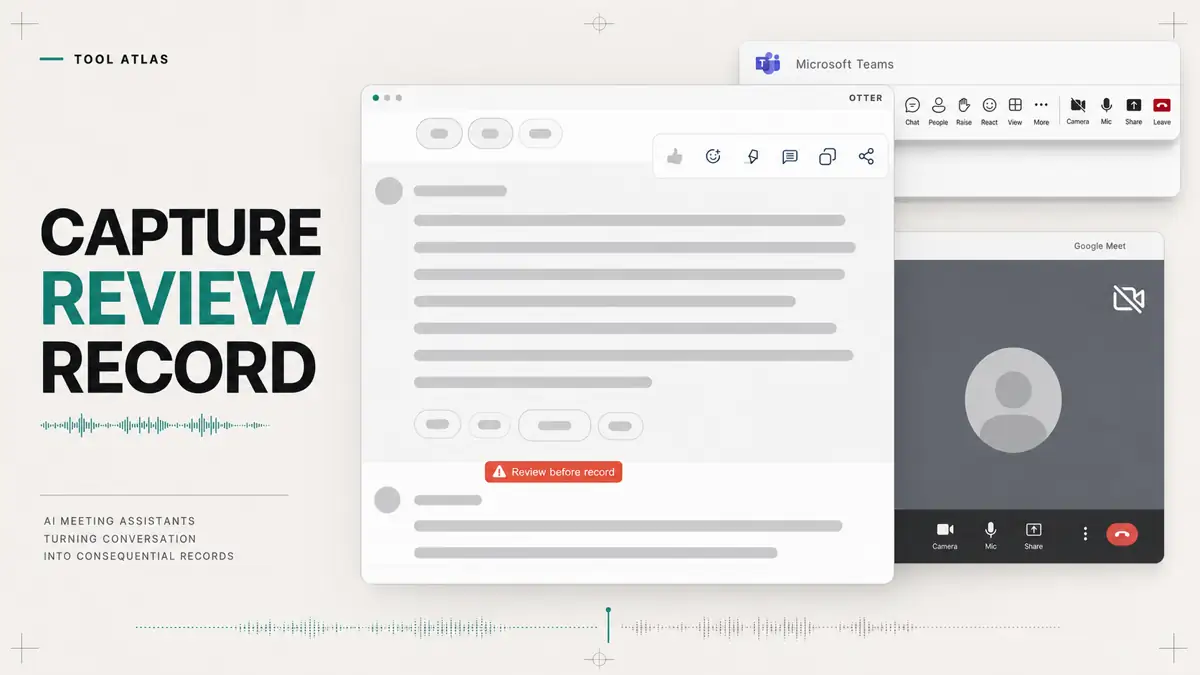 A software-magazine cover layers Otter, Microsoft Teams, and Google Meet around capture, review, and record.