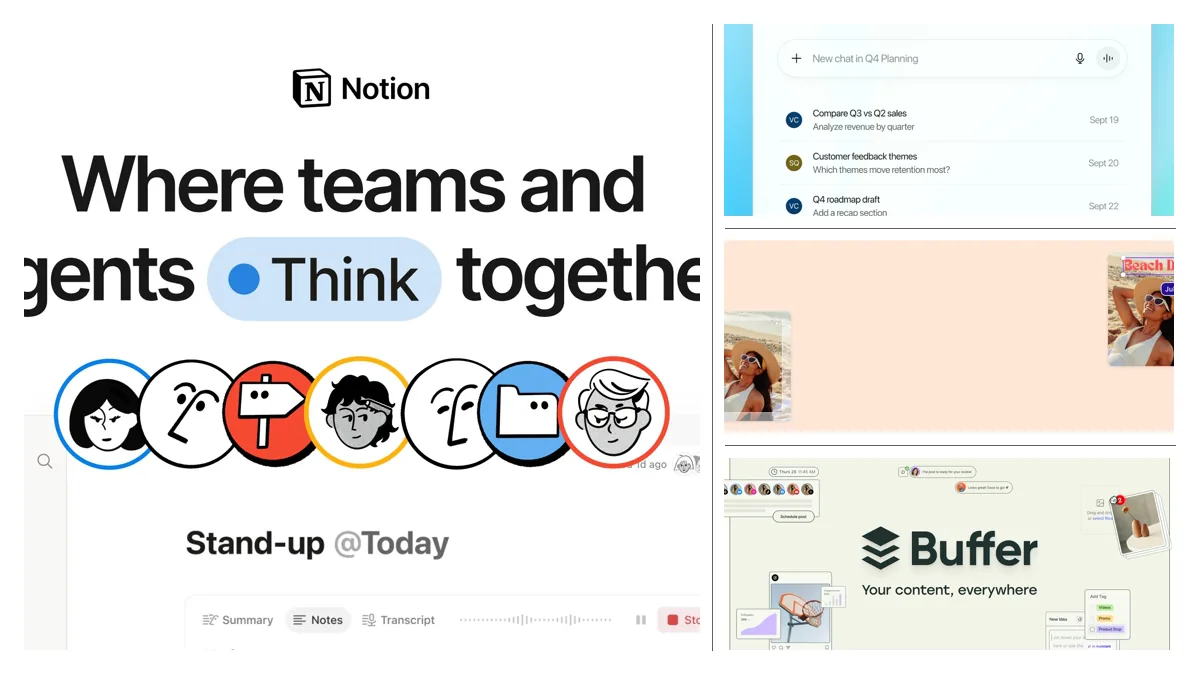 Official Notion, ChatGPT, Canva, and Buffer product surfaces for a bounded content workflow.