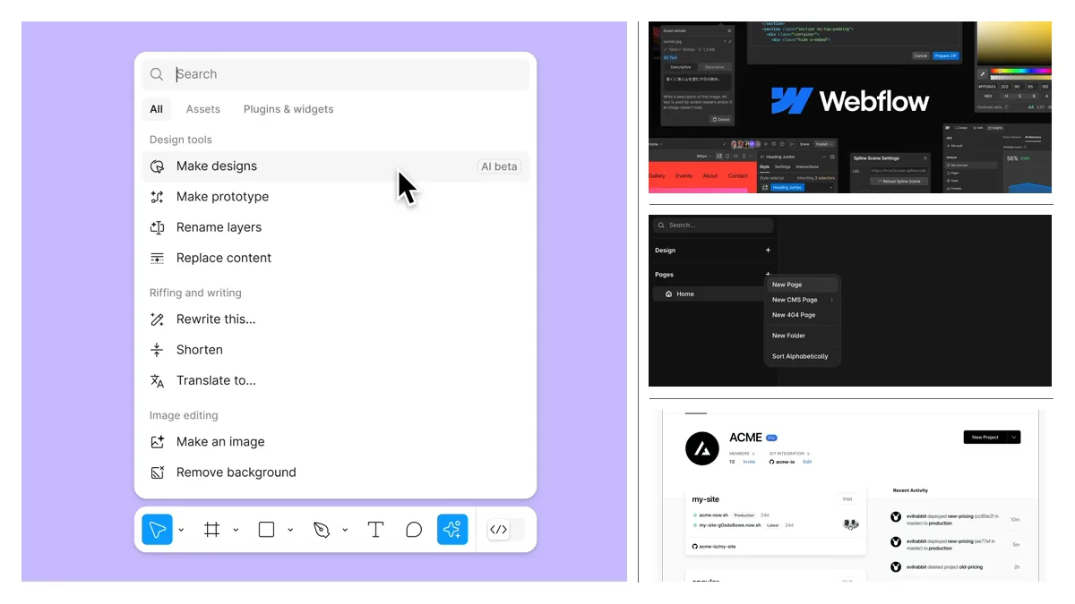 Official Figma, Webflow, Framer, and Vercel product surfaces across a design-to-launch toolchain.