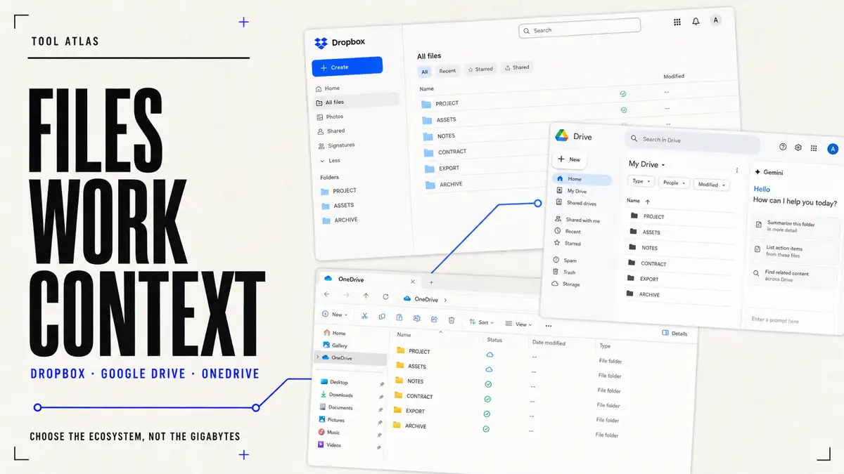 A software-magazine cover overlaps Dropbox, Google Drive with Gemini, and OneDrive file surfaces beside the headline Files, Work, Context.