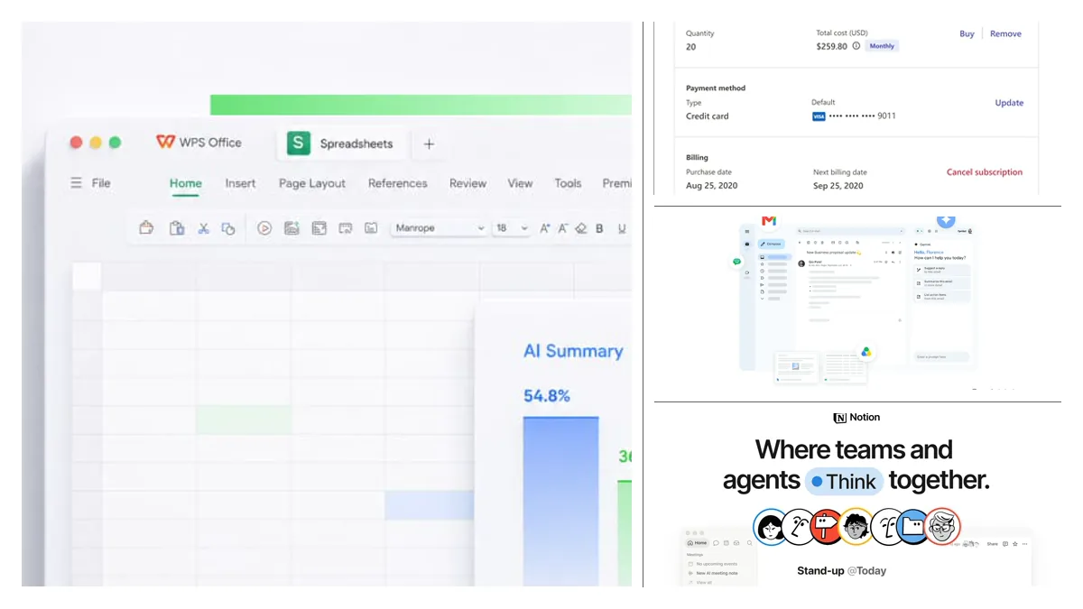 Official WPS, Microsoft 365, Google Workspace, and Notion product surfaces used in a five-person stack review.