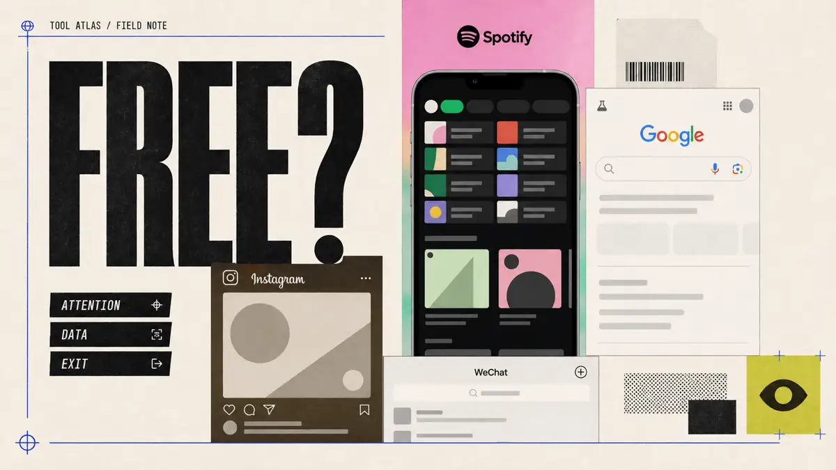 A software-magazine cover uses recognizable Spotify, Instagram, WeChat, and Google interfaces to audit the attention, data, renewal, and exit costs behind a zero price.