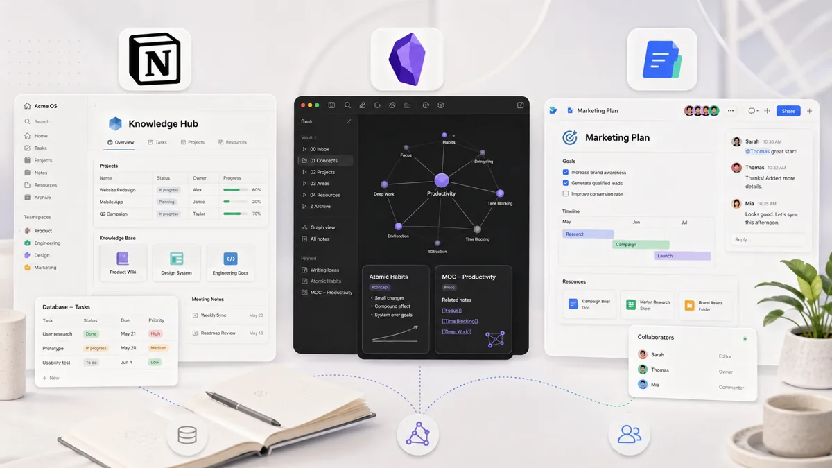 Three knowledge systems show a structured workspace, a local linked-note graph, and a cloud collaboration environment.