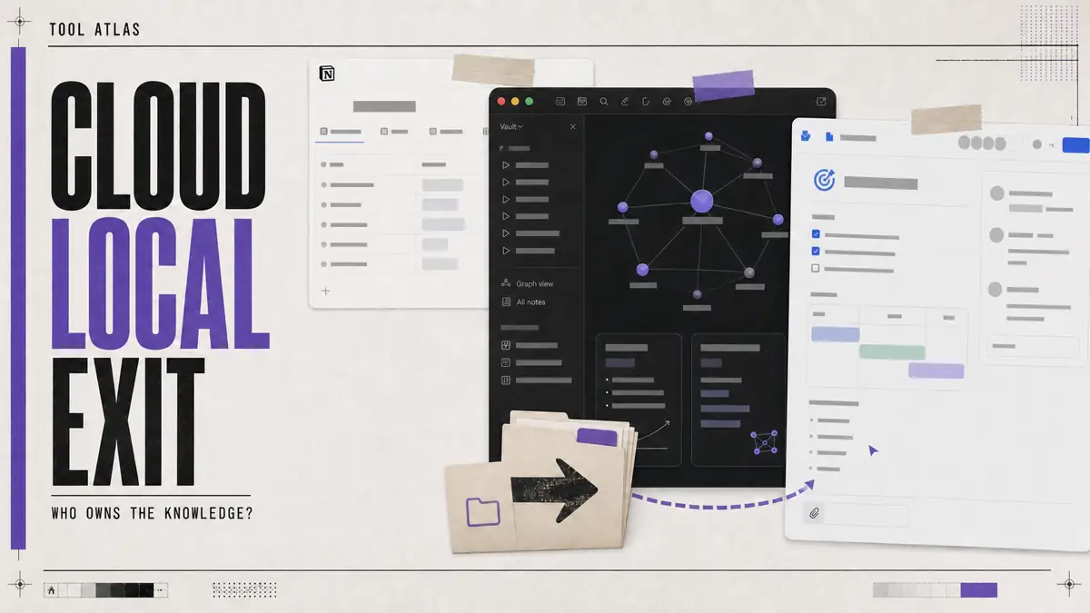 A software-magazine cover compares cloud, local, and exit paths across a Notion workspace, a dark local graph, and a collaborative document.