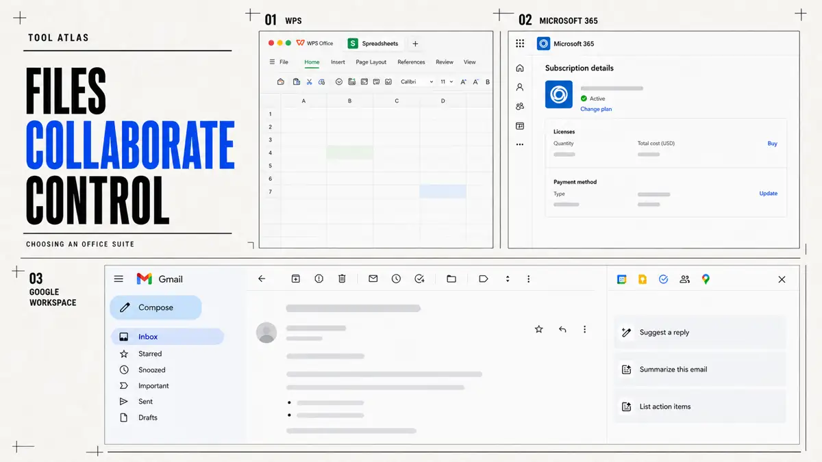 A software-magazine comparison cover arranges recognizable WPS, Microsoft 365, and Google Workspace surfaces around files, collaboration, and control.