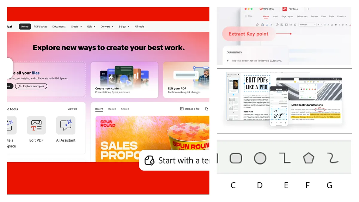 Official Acrobat, WPS PDF, PDF Expert, and Foxit product surfaces for a professional PDF workflow.