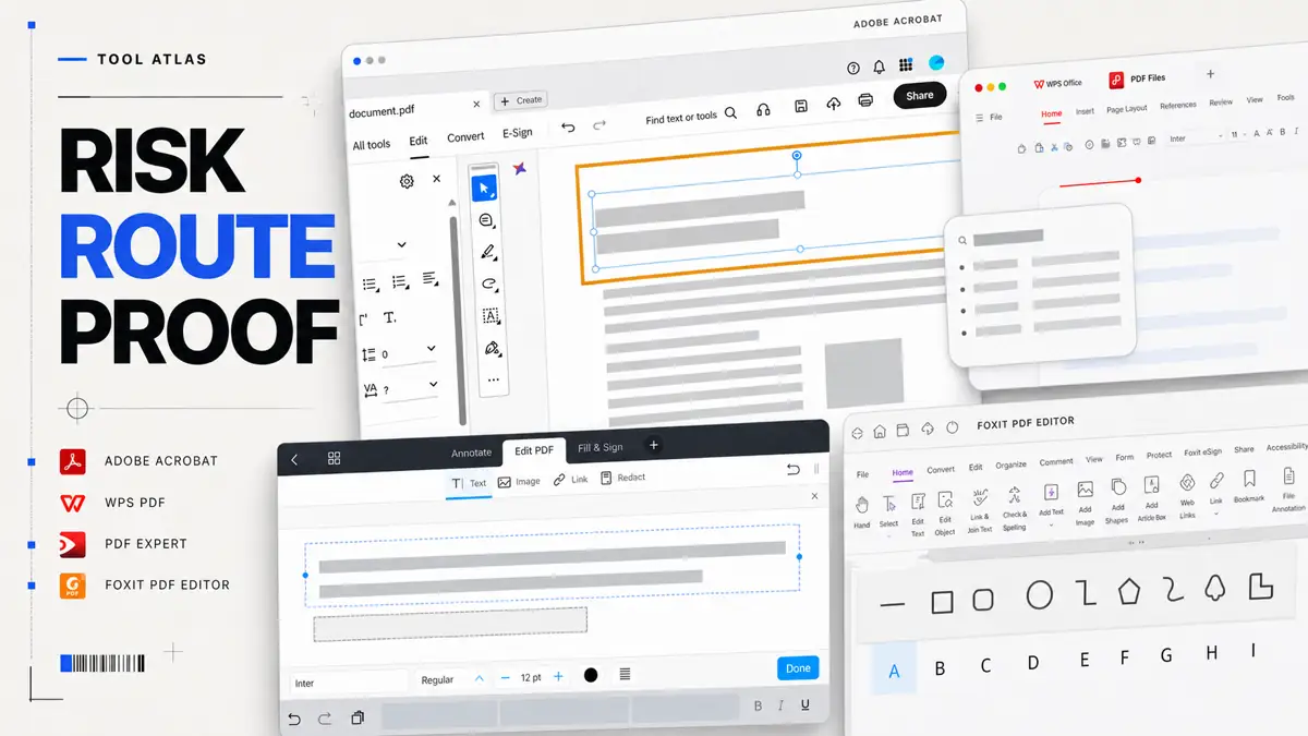 A software-magazine cover frames Acrobat, WPS PDF, PDF Expert, and Foxit around document risk, route, and proof.