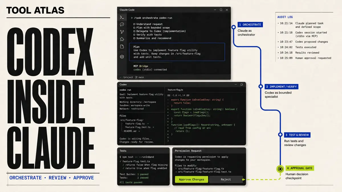 A software-magazine cover routes a Claude Code task through Codex review or bounded implementation, tests, and a human approval gate.