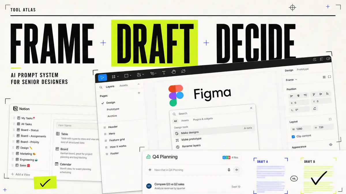 A software-magazine cover and two editorial figures connect Figma, Notion, and ChatGPT across framing, drafting, verification, selection, QA, and decision records.