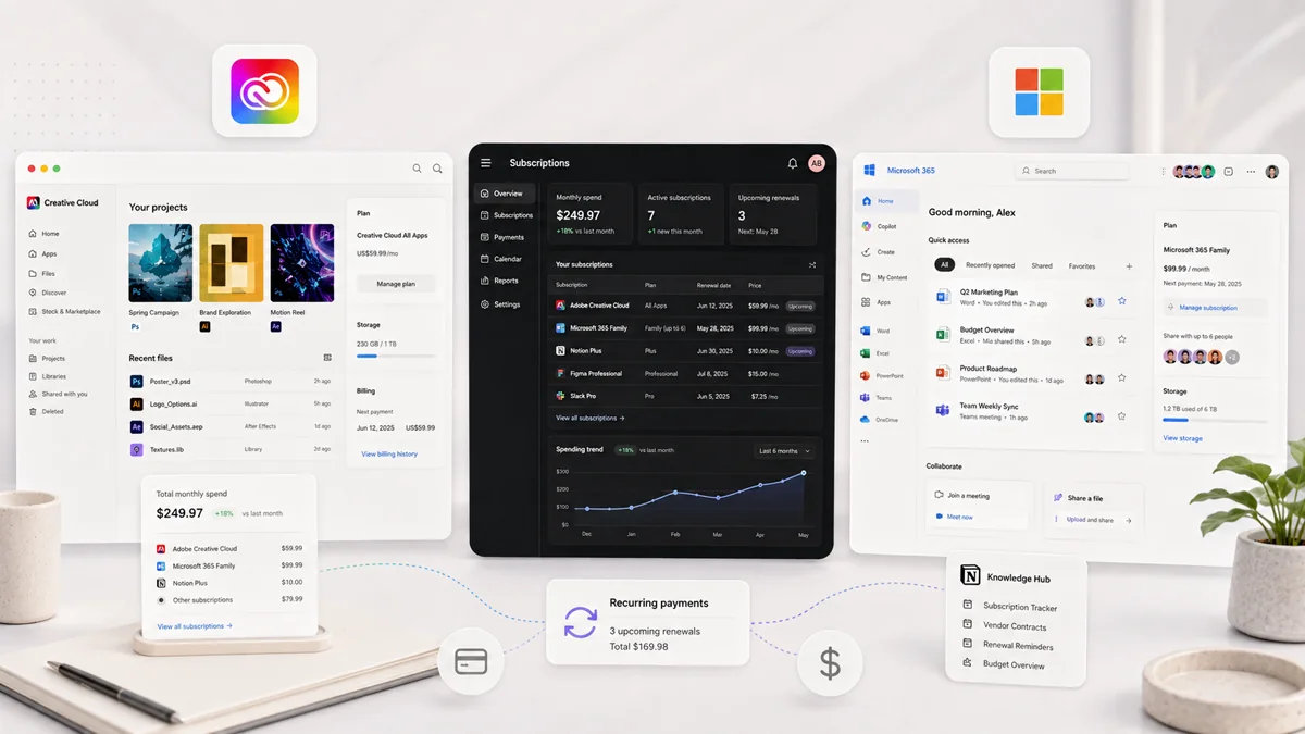 Creative, productivity, knowledge, and subscription-management workspaces surround a central recurring-payments dashboard.