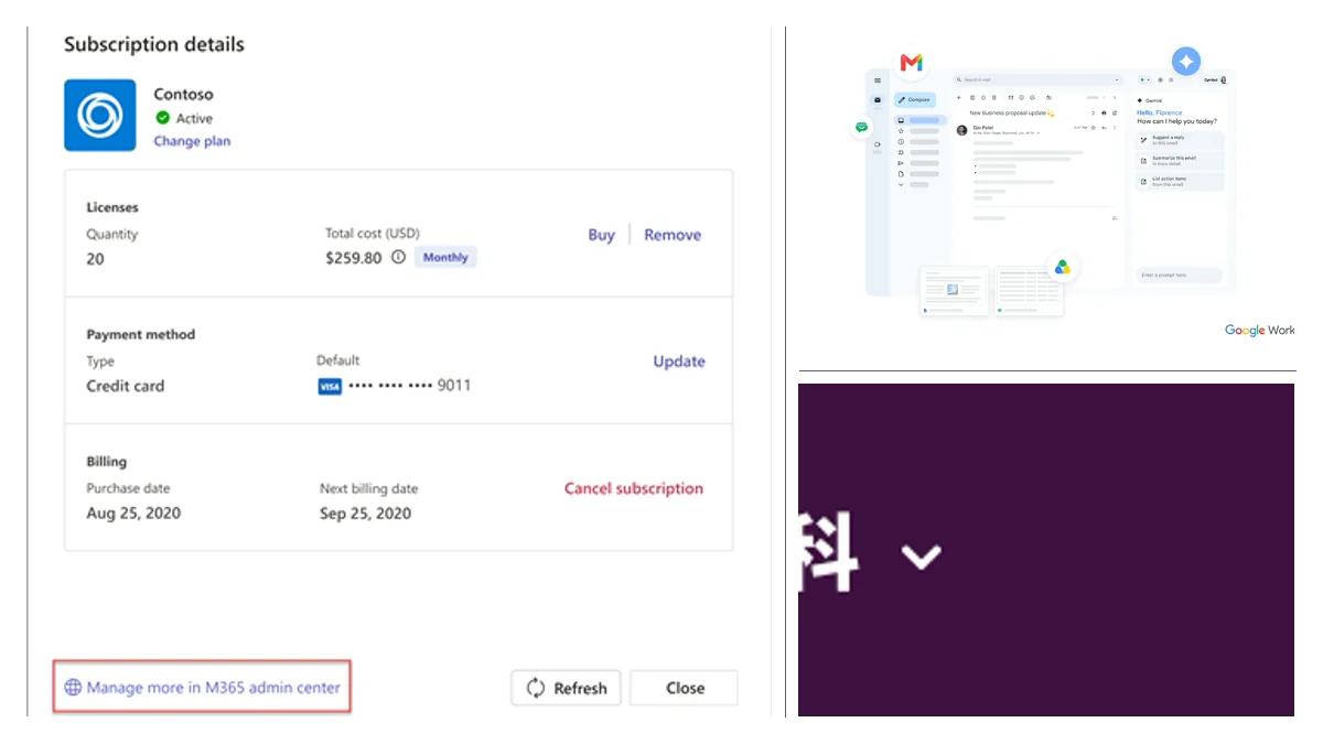 Official Microsoft subscription, Google Workspace, and Slack administration surfaces for a renewal audit.