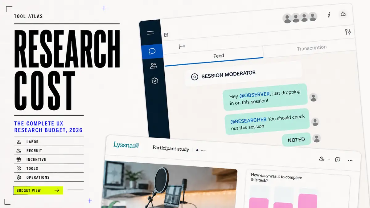 A software-magazine cover layers recognizable UX research interfaces beside a five-part research budget ledger.