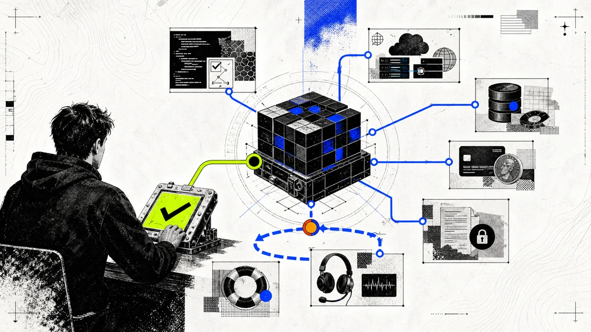 A solo founder approves a managed modular core connected to code and tests, cloud and data, payments, contracts and privacy, support, and recovery, with rollback kept visible.