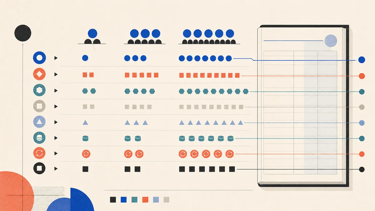 A neutral software-magazine procurement model separates three support-team scales, variable cost lanes, and an annual planning ledger.