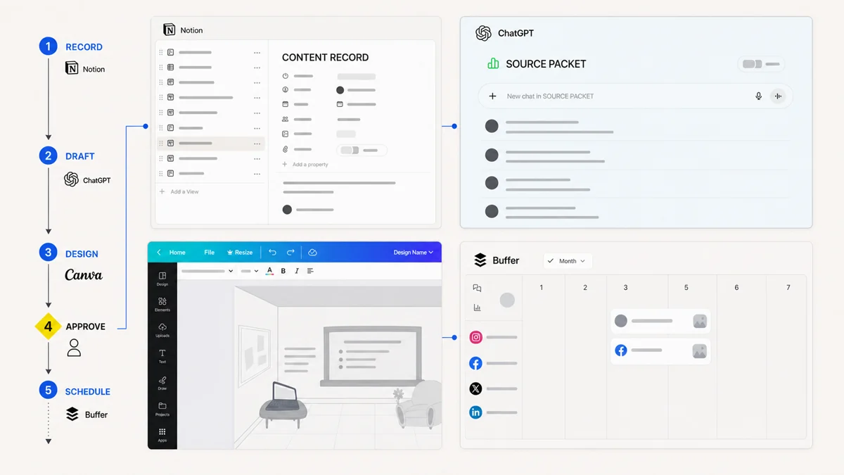 Notion, ChatGPT, Canva, and Buffer interfaces connect through record, draft, design, approval, and scheduling stages.
