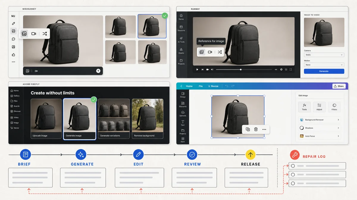Midjourney, Runway, Adobe Firefly, and Canva interfaces follow one neutral product asset from brief through generation, edit, review, and release.