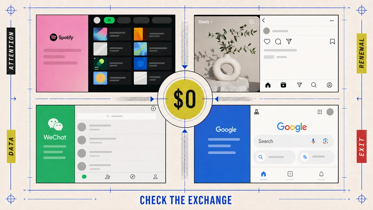 Spotify, Instagram, WeChat, and Google interfaces surround a zero-dollar control with attention, data, renewal, and exit audit rails.