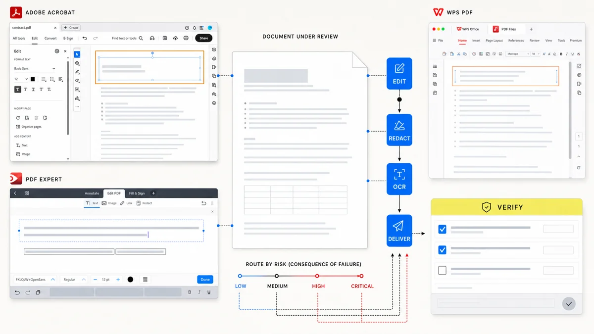 Acrobat, PDF Expert, and WPS PDF interfaces surround a document routed through edit, redact, OCR, deliver, and verify gates.