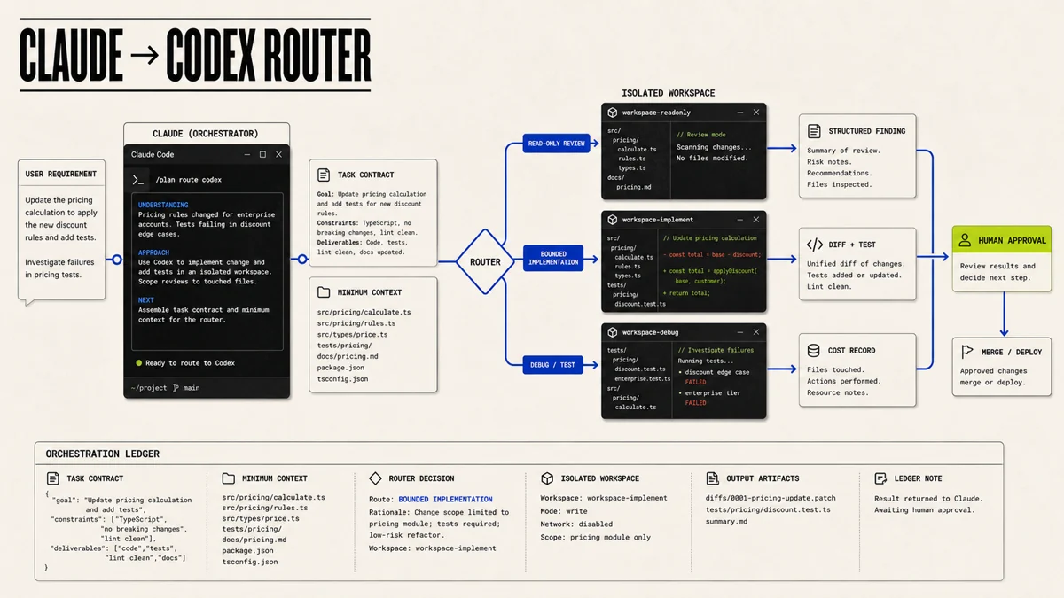 A Claude-to-Codex router sends a task contract through read-only review, bounded implementation, or debug and test lanes before structured findings, a cost record, and human approval.