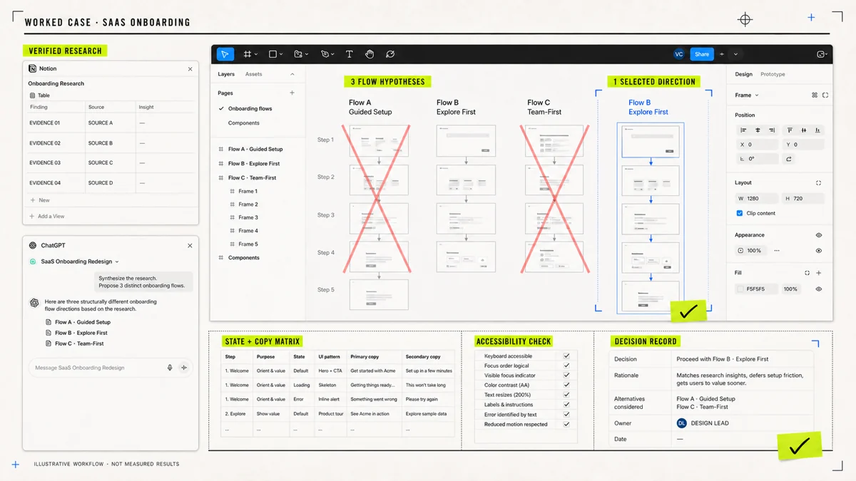 An illustrative SaaS onboarding case compares three Figma flow hypotheses, rejects two, and records one selected direction with a copy matrix, accessibility check, and decision record.
