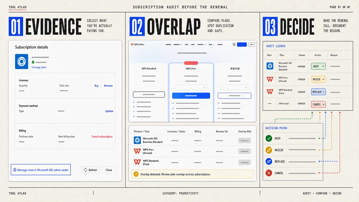 A software-magazine audit moves from subscription evidence through overlap review to keep, resize, replace, or cancel decisions.