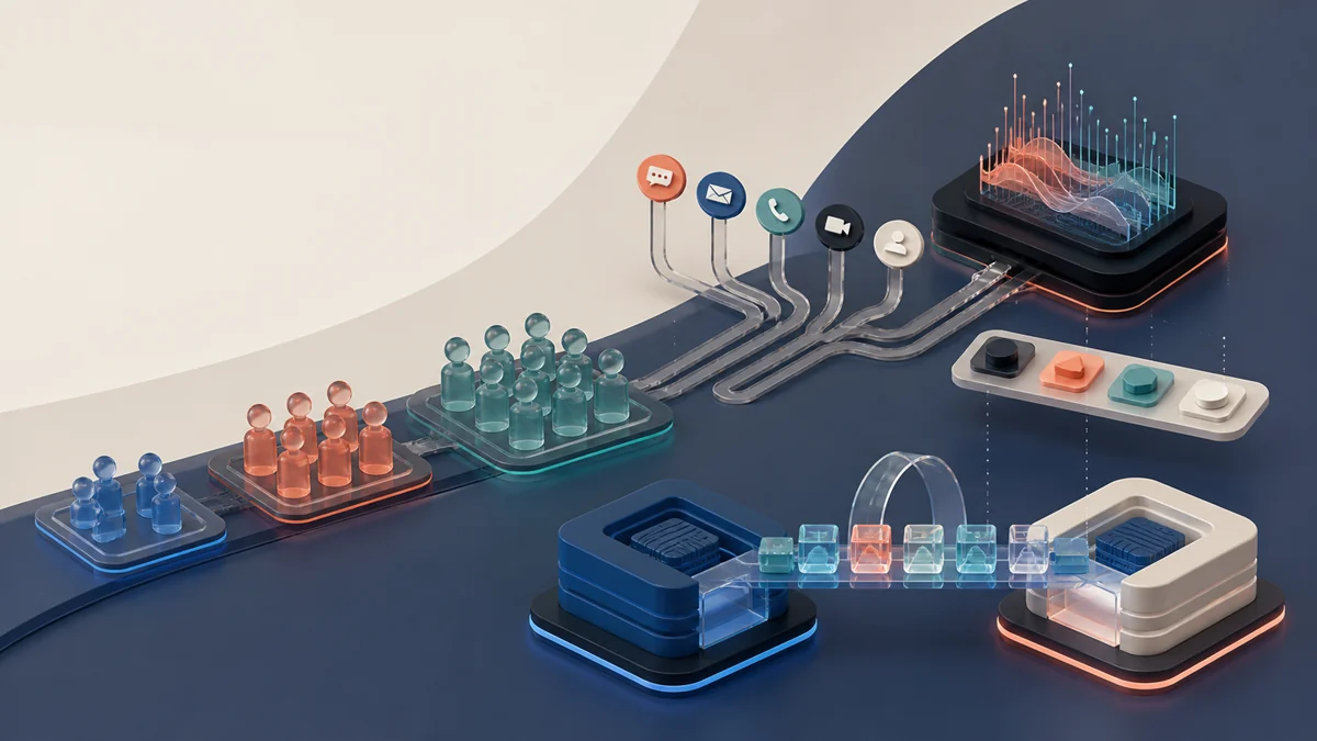 Abstract support-team groups connect to separate channel, AI, add-on, and reversible migration routes without factual values.
