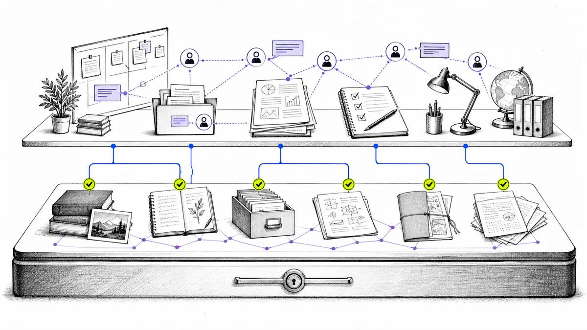Durable personal knowledge assets sit in a protected local layer while projects, permissions, and team execution occupy a separate collaboration layer.
