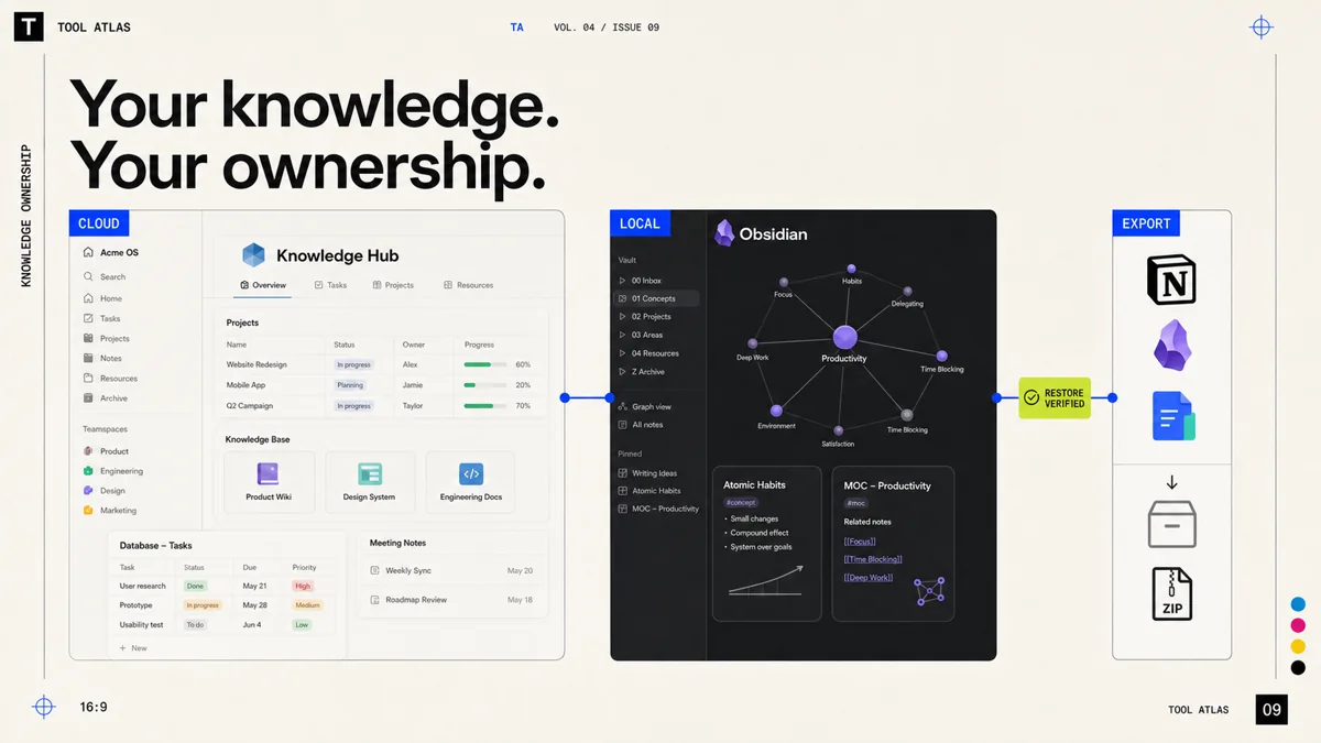 A technology-magazine composition contrasts a cloud knowledge workspace, a local Obsidian vault, and a verified export and restore route.