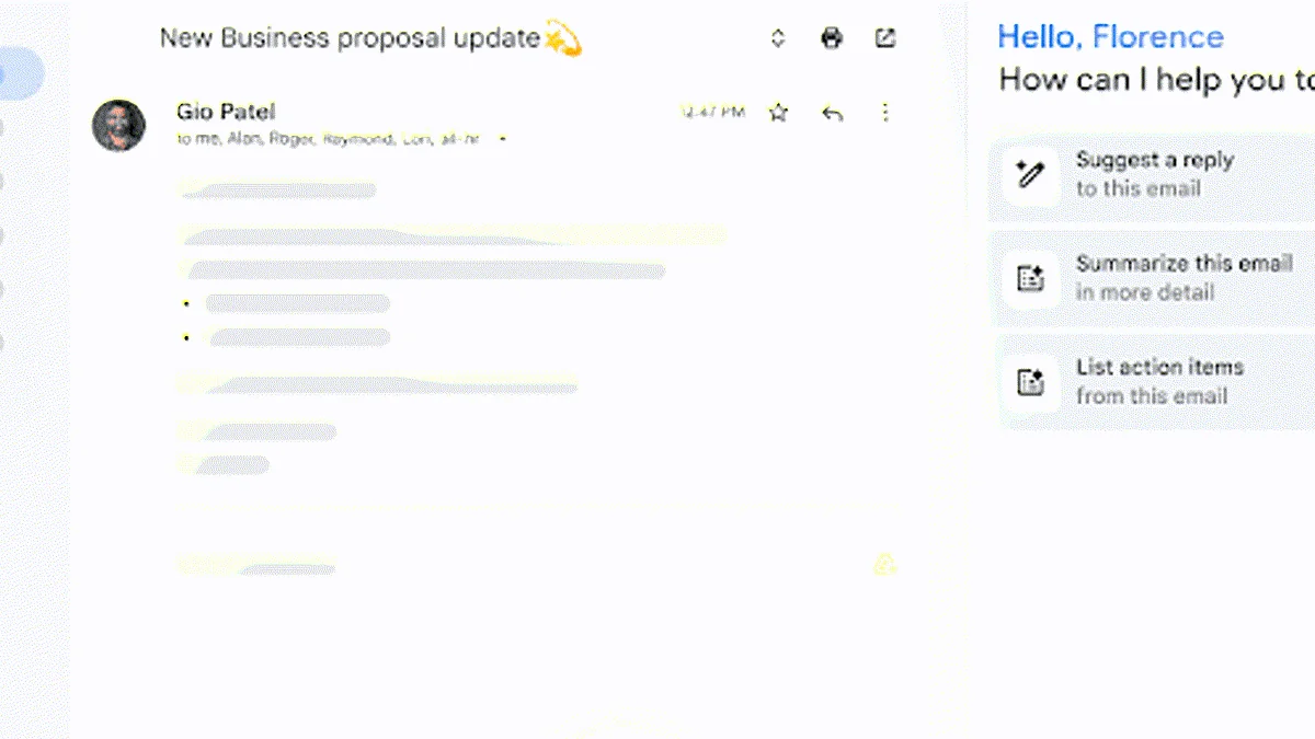 Gmail message view beside the Gemini assistance panel.