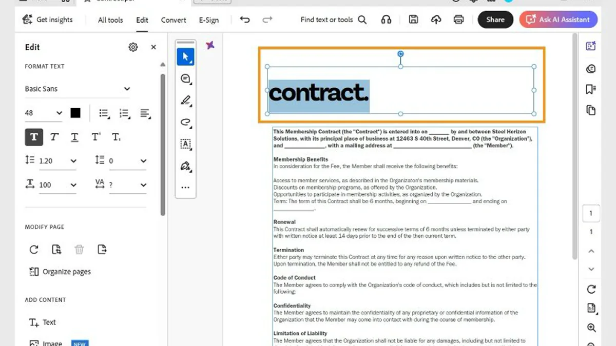 Adobe Acrobat desktop editor with selected contract text and formatting controls.