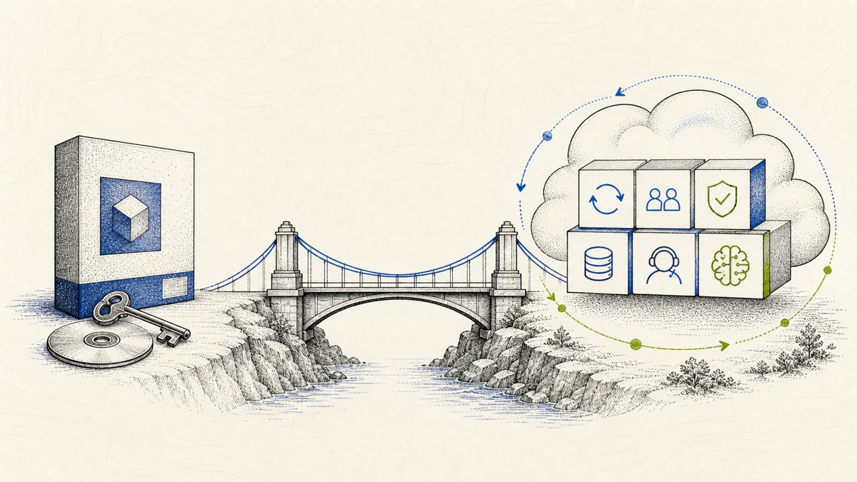 A boxed software license and local disk connect across a bridge to a modular cloud service with updates, collaboration, security, storage, support, and AI compute.