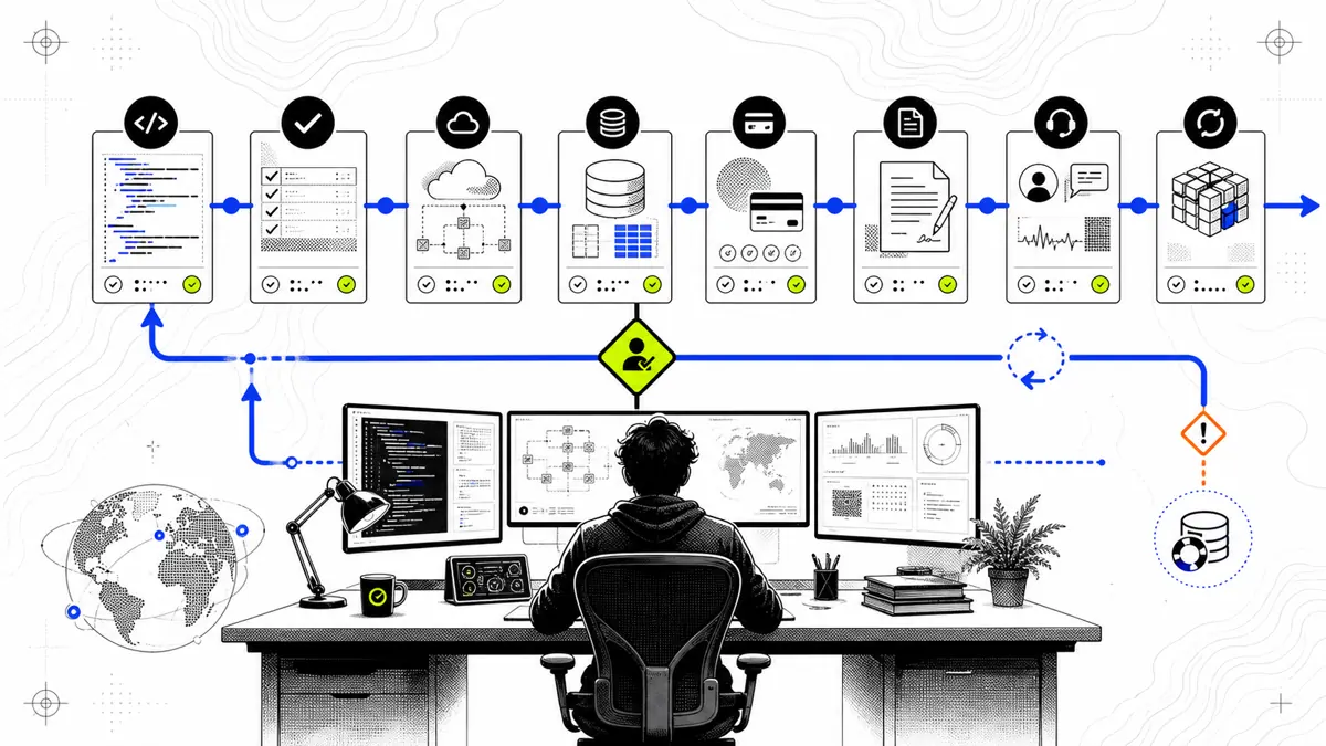 A solo founder supervises a connected operating route from code and tests through managed cloud, data, payments, contracts, support, monitoring, and recovery.