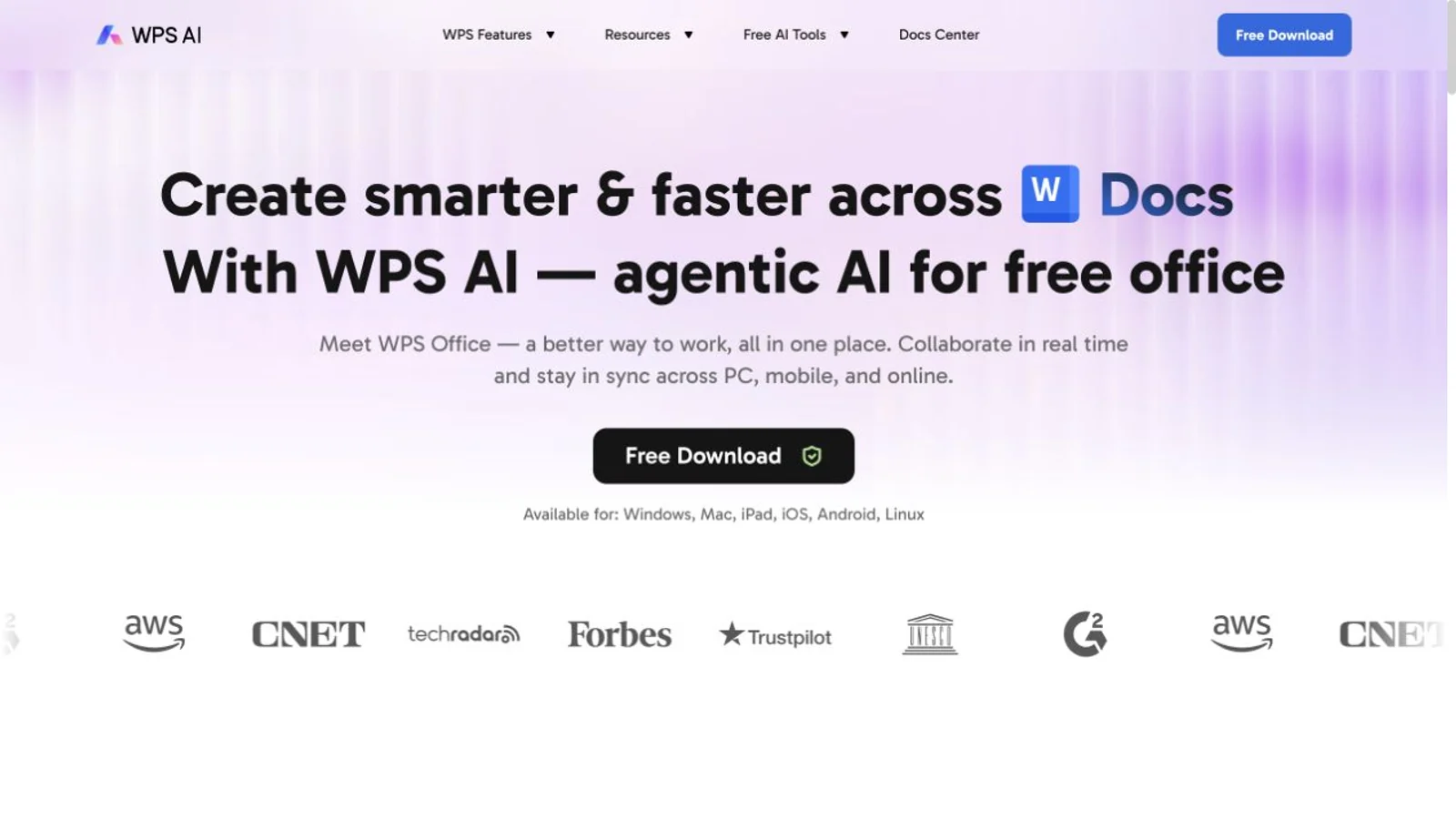 Official WPS AI page presenting AI features across documents.
