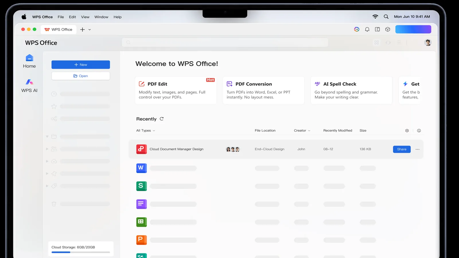 WPS Office home screen displayed on a Mac laptop.