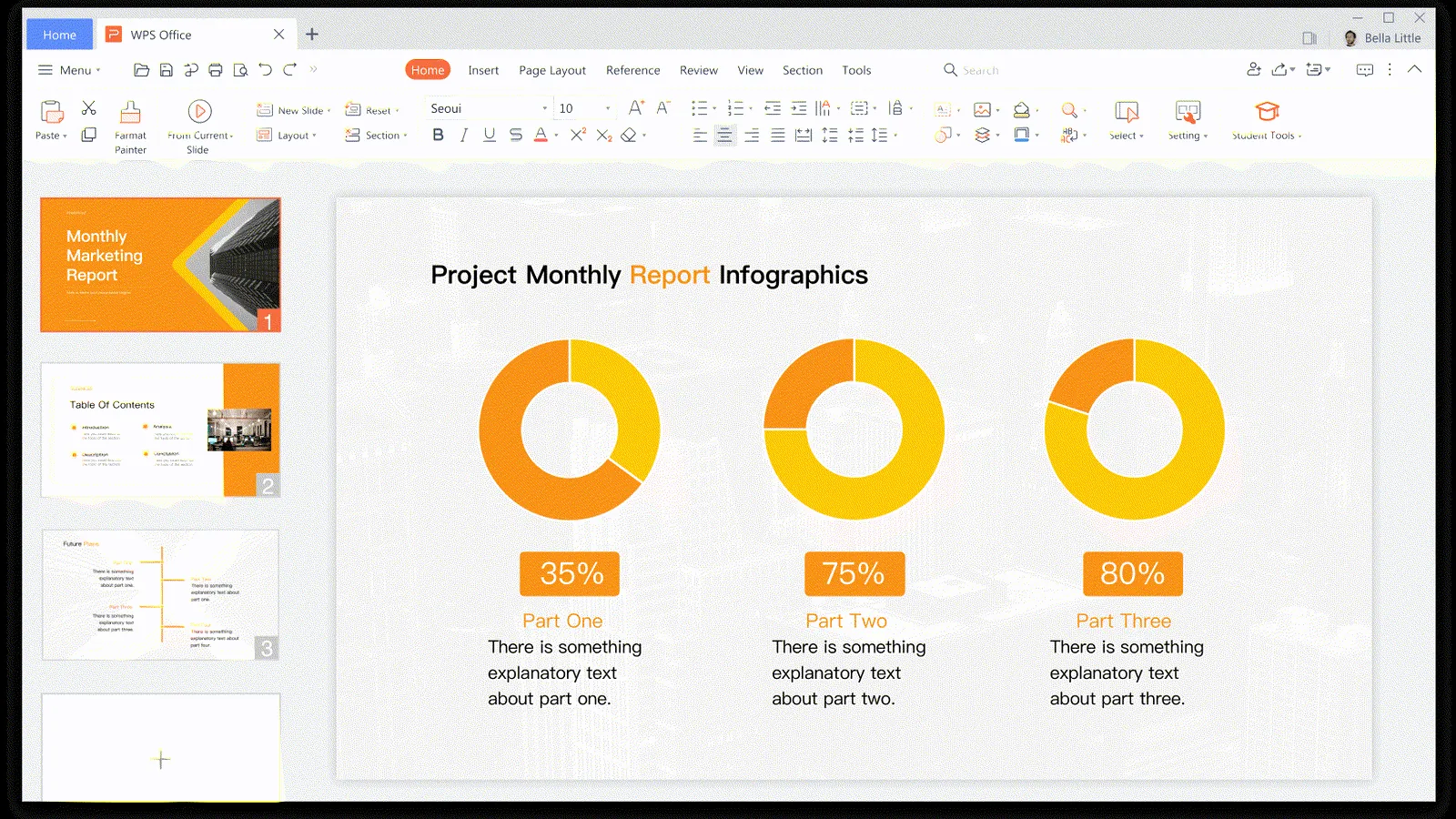 WPS Presentation on Windows editing a report slide.