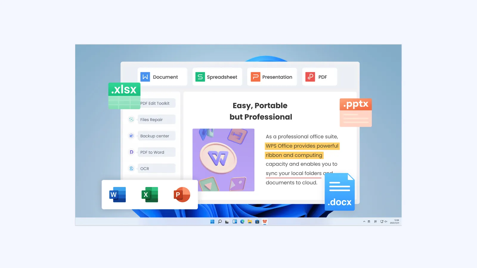 WPS Office compatibility visual with Document, Spreadsheet, Presentation, PDF, and Office file-format symbols.