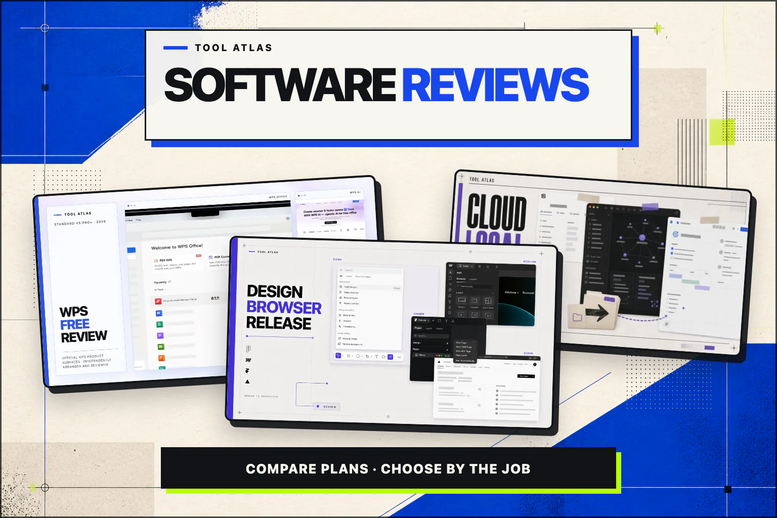 Tool Atlas software review pages for WPS Office, design workflow tools, and knowledge management software, with plan comparison guidance.