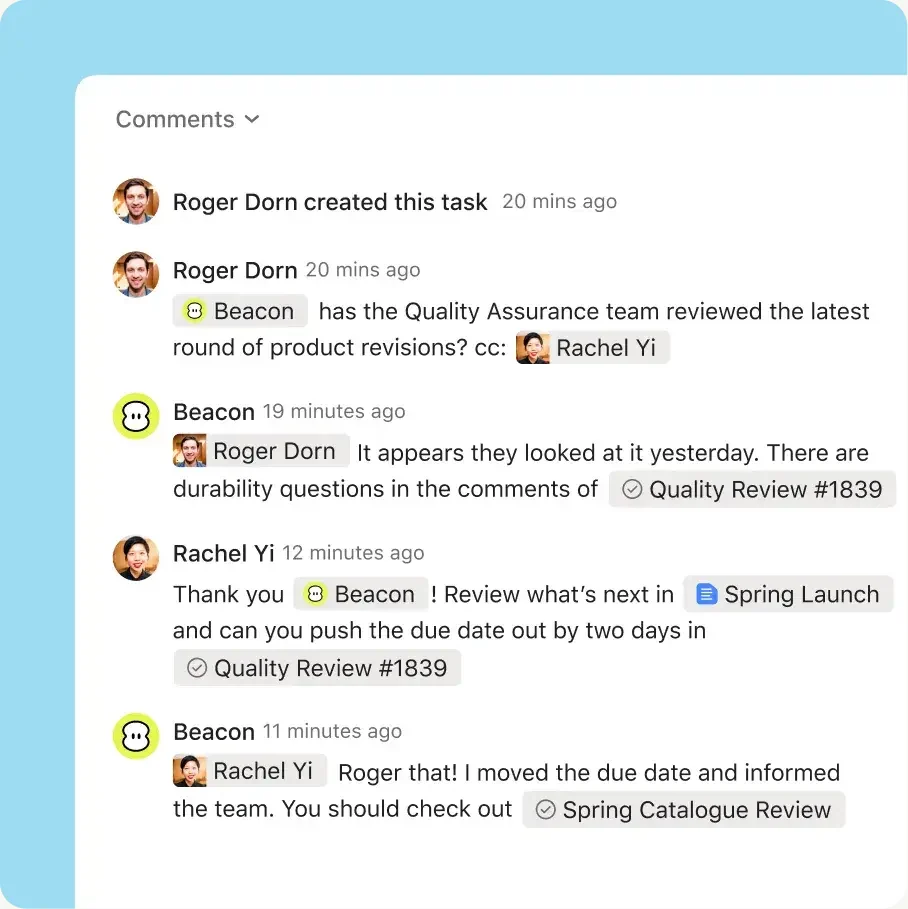 Asana task comments with teammate discussion and AI-assisted updates