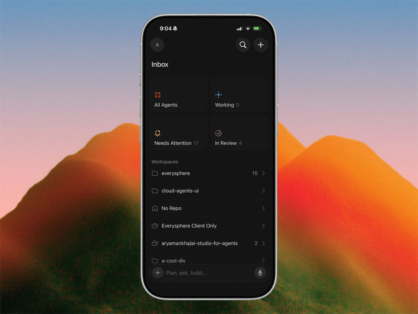 Cursor mobile agent interface with repositories, branches, and background agents
