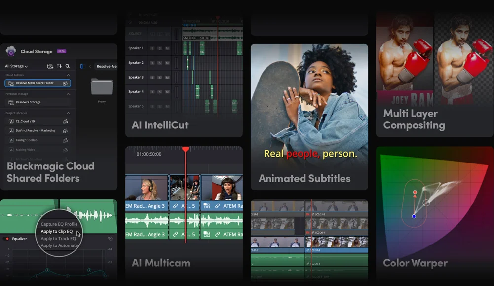 DaVinci Resolve interface collage showing editing, color, audio, and delivery pages