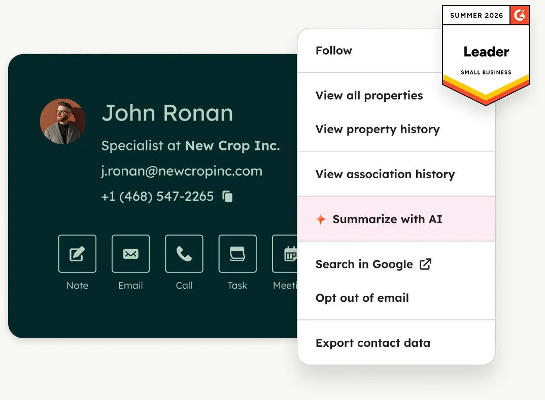 HubSpot CRM contact record with communication actions, property history, and AI summary