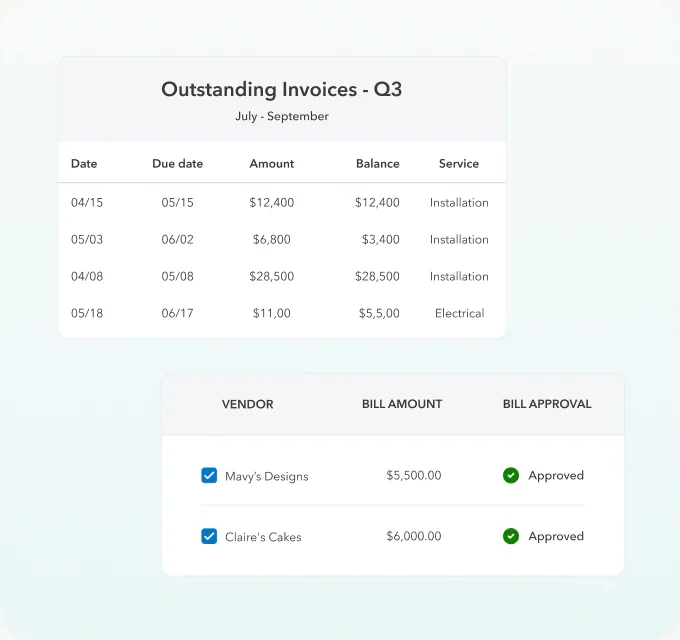 QuickBooks dashboard showing outstanding invoices and bill approval status