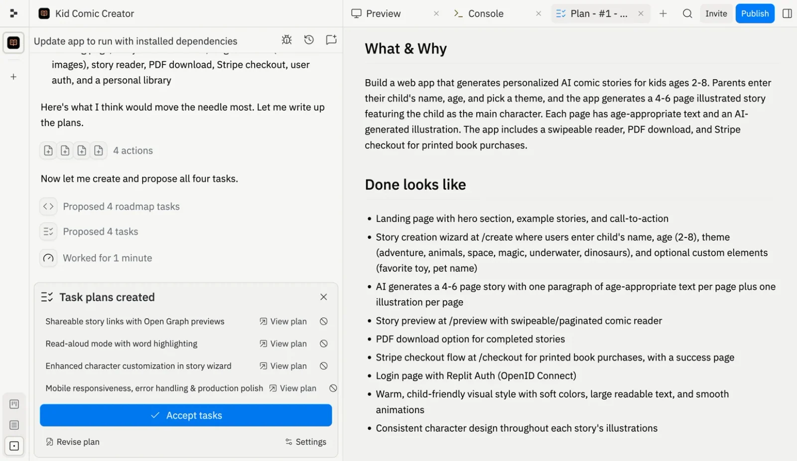 Replit Agent interface presenting an implementation plan for approval