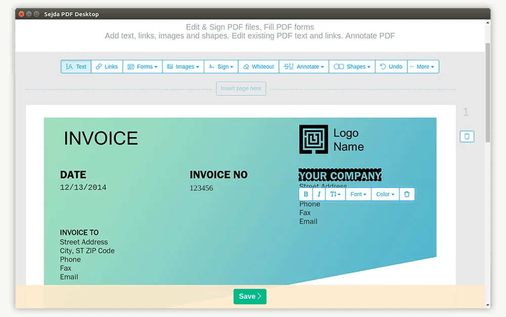 Sejda PDF Desktop interface on Ubuntu with document tools and page preview