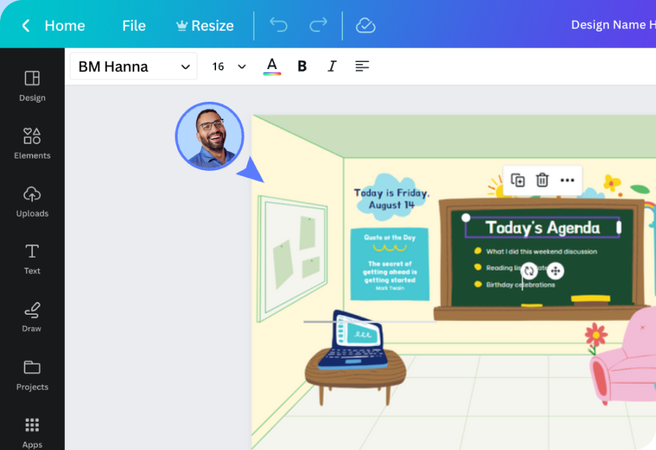 Canva editor with design canvas, object controls, and left tool rail
