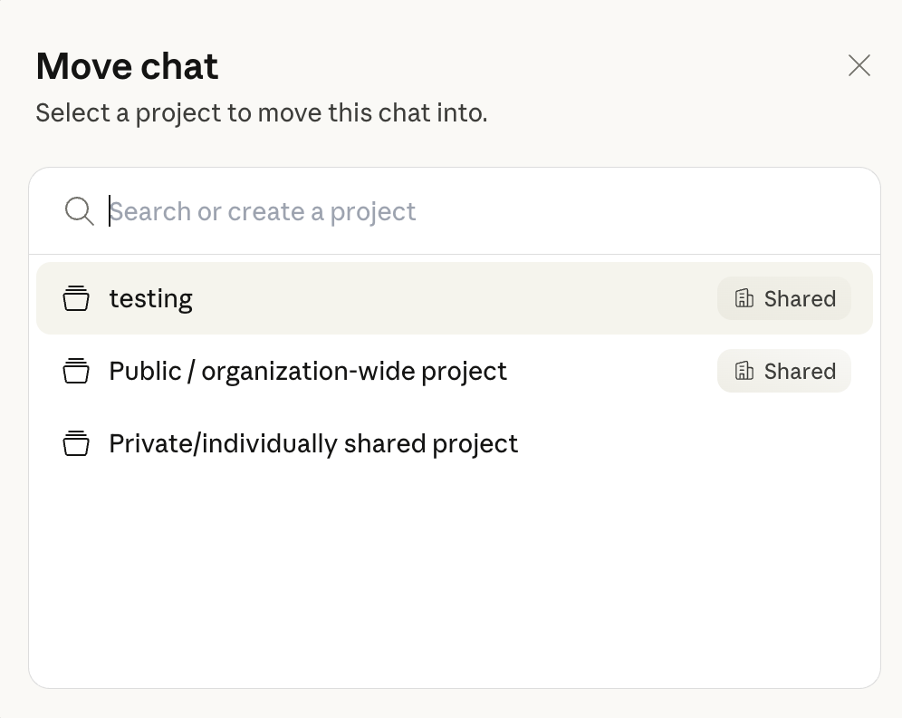 Claude dialog for moving a conversation into a shared or private Project