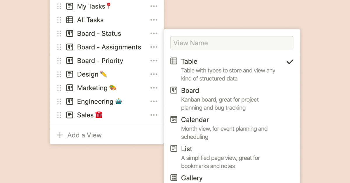Notion database view menu with table, board, calendar, and list options
