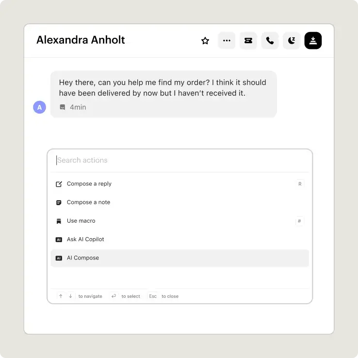 Intercom Inbox showing a customer request and response actions